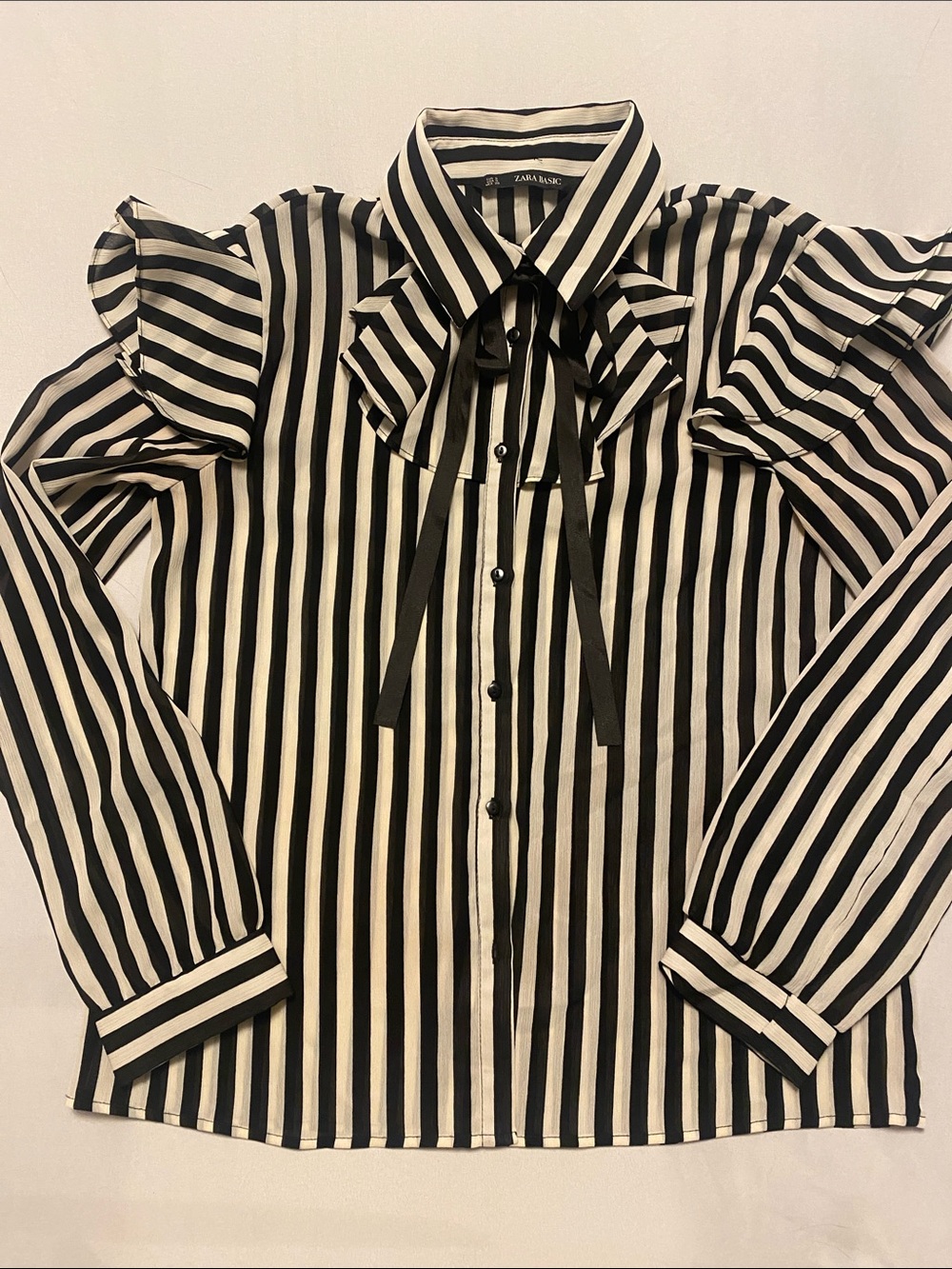 Zara Black and White Vertical Stripe Ruffle Bow Button-Down Shirt